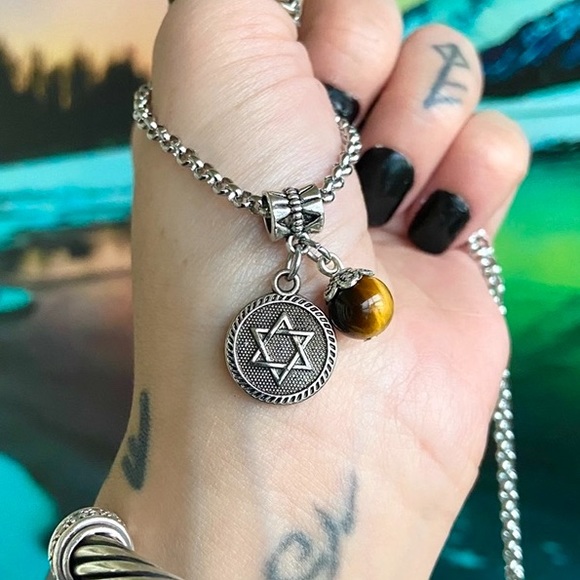 🔴 Sale david’s star medal tiger eye gemstone stainless steel chain necklace - Picture 2 of 7